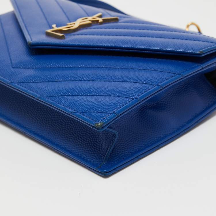 Pre Owned Saint Laurent Blue Matelassé Leather Monogram Envelope Wallet on Chain