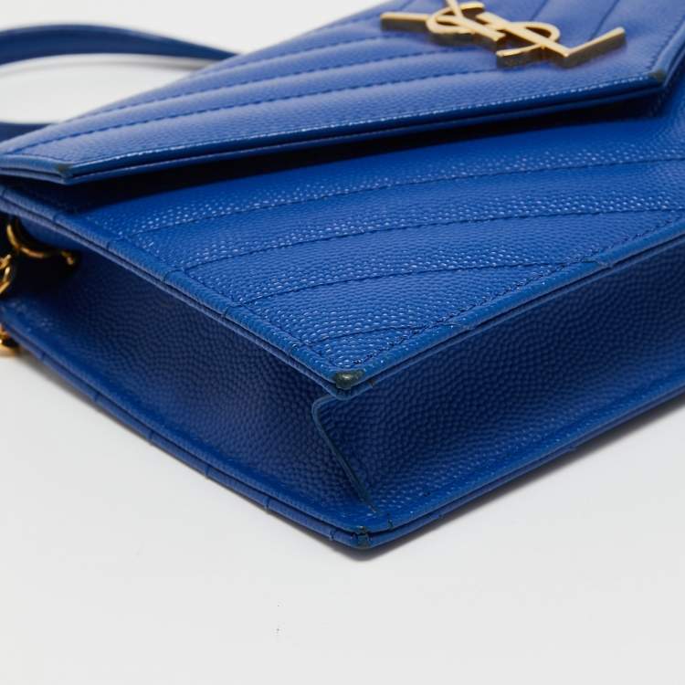 Pre Owned Saint Laurent Blue Matelassé Leather Monogram Envelope Wallet on Chain