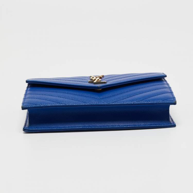 Pre Owned Saint Laurent Blue Matelassé Leather Monogram Envelope Wallet on Chain