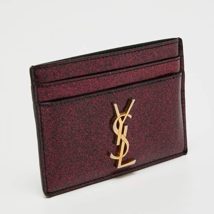 Pre Owned Saint Laurent Pink Glitter Patent Leather Monogram Card Holder