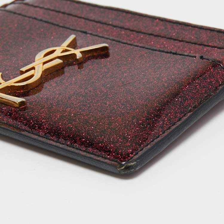Pre Owned Saint Laurent Pink Glitter Patent Leather Monogram Card Holder