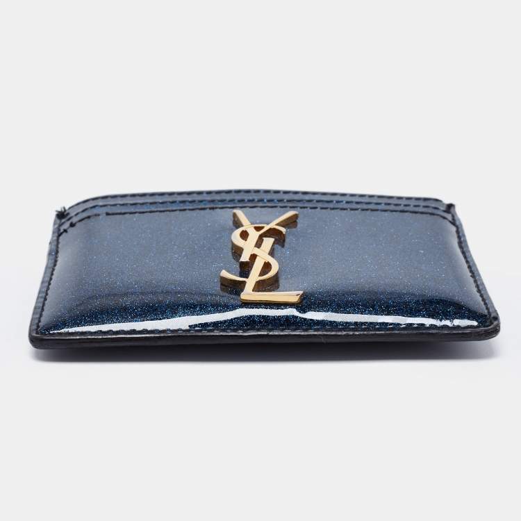 Pre Owned Saint Laurent Blue Glitter Patent Leather Monogram Card Holder