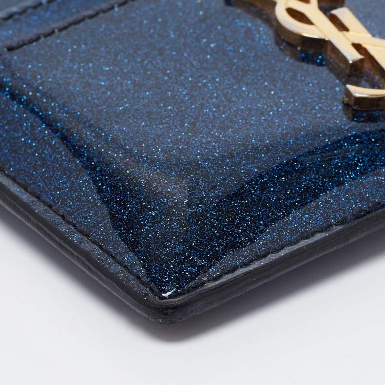 Pre Owned Saint Laurent Blue Glitter Patent Leather Monogram Card Holder
