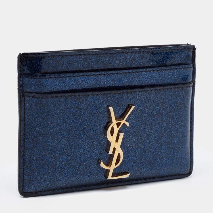 Pre Owned Saint Laurent Blue Glitter Patent Leather Monogram Card Holder