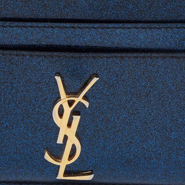 Pre Owned Saint Laurent Blue Glitter Patent Leather Monogram Card Holder