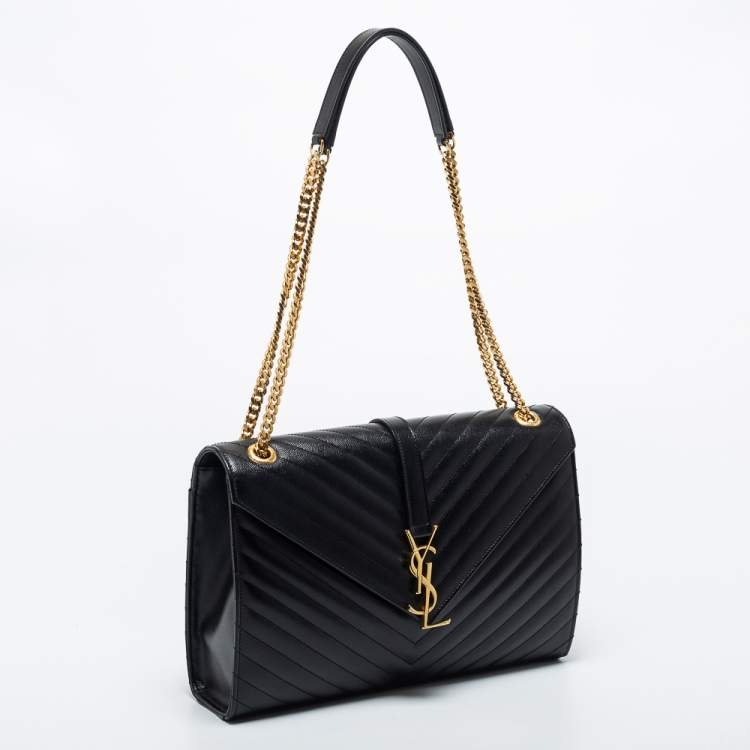 Pre Owned Saint Laurent Black Matelasse Leather Large Monogram Envelope Shoulder Bag
