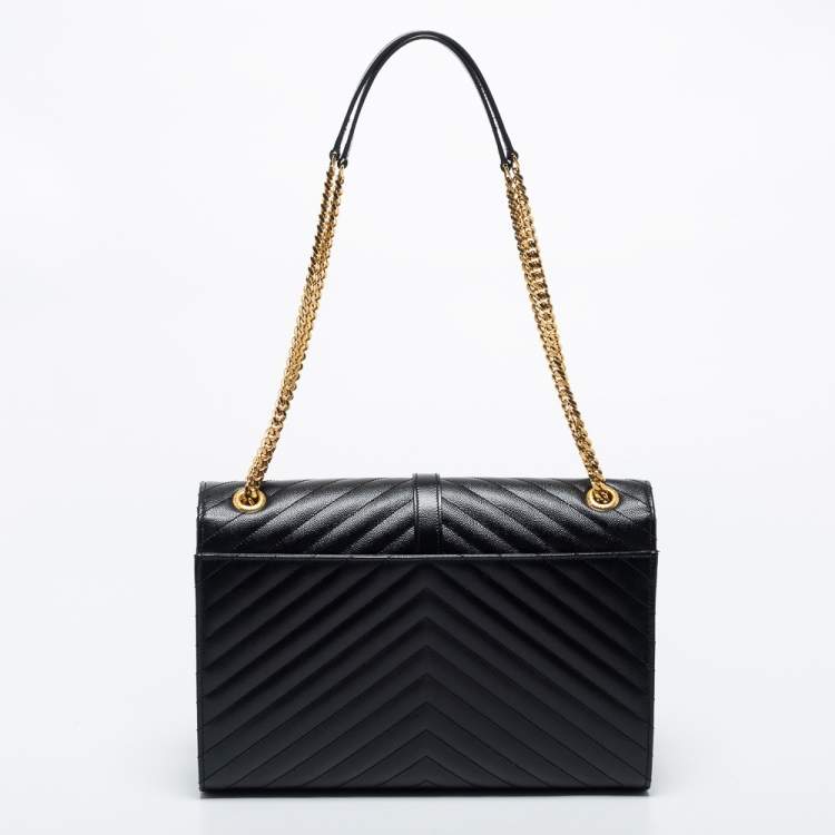 Pre Owned Saint Laurent Black Matelasse Leather Large Monogram Envelope Shoulder Bag