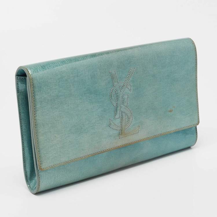 Pre Owned Saint Laurent Blue Patent Leather Belle De Jour Flap Clutch
