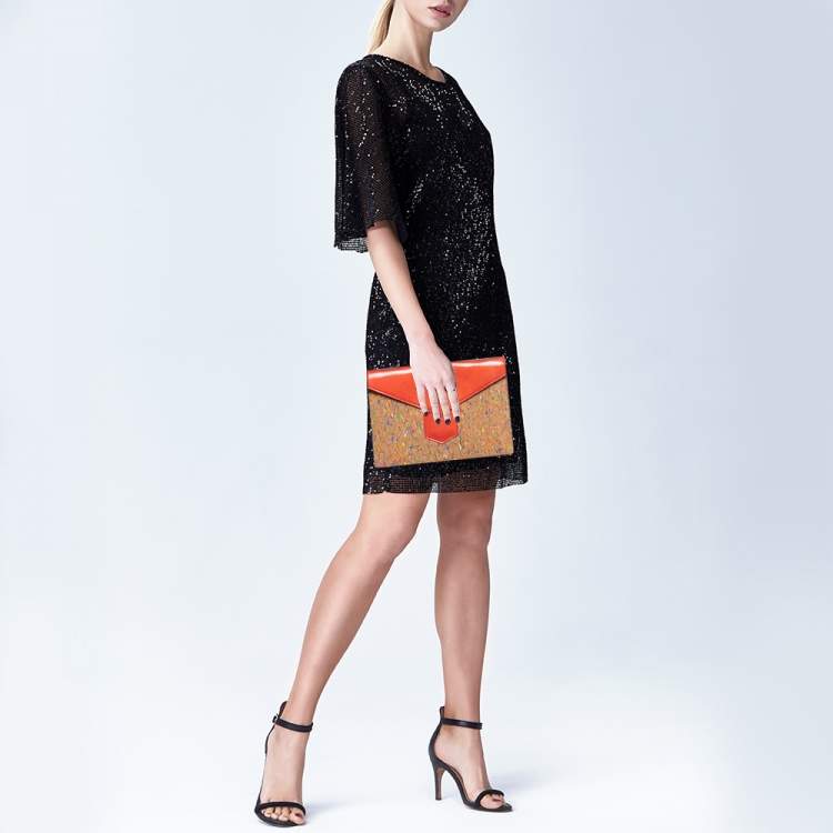 Pre Owned Saint Laurent Beige/Red Patent and Leather Clutch