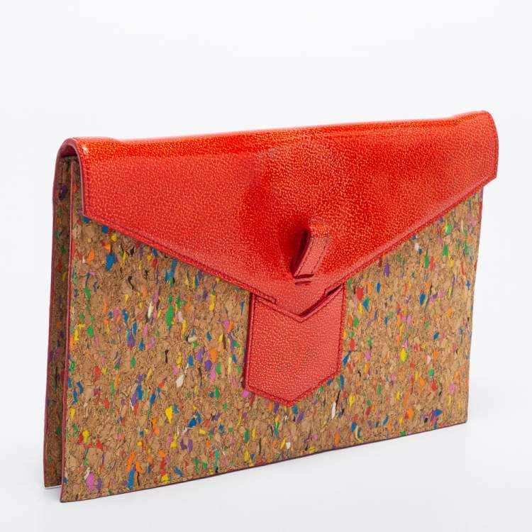 Pre Owned Saint Laurent Beige/Red Patent and Leather Clutch