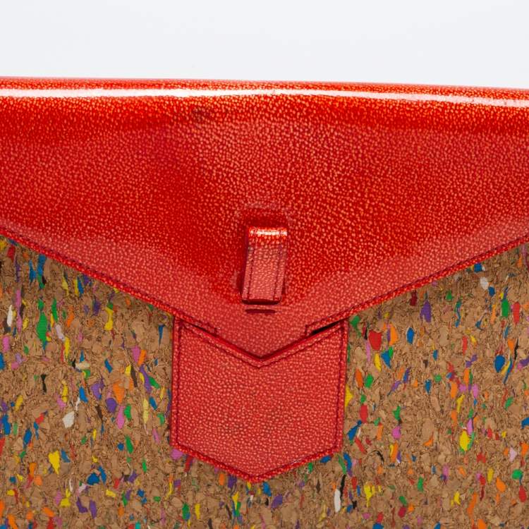 Pre Owned Saint Laurent Beige/Red Patent and Leather Clutch