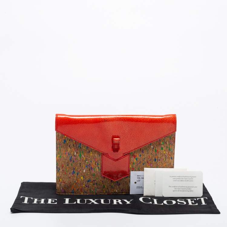 Pre Owned Saint Laurent Beige/Red Patent and Leather Clutch