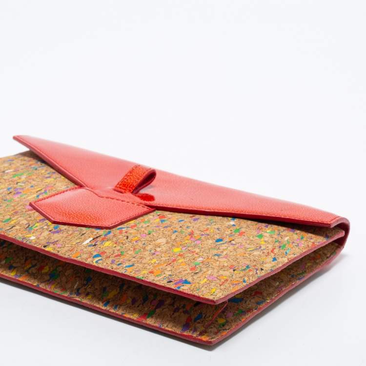 Pre Owned Saint Laurent Beige/Red Patent and Leather Clutch
