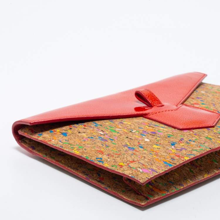 Pre Owned Saint Laurent Beige/Red Patent and Leather Clutch