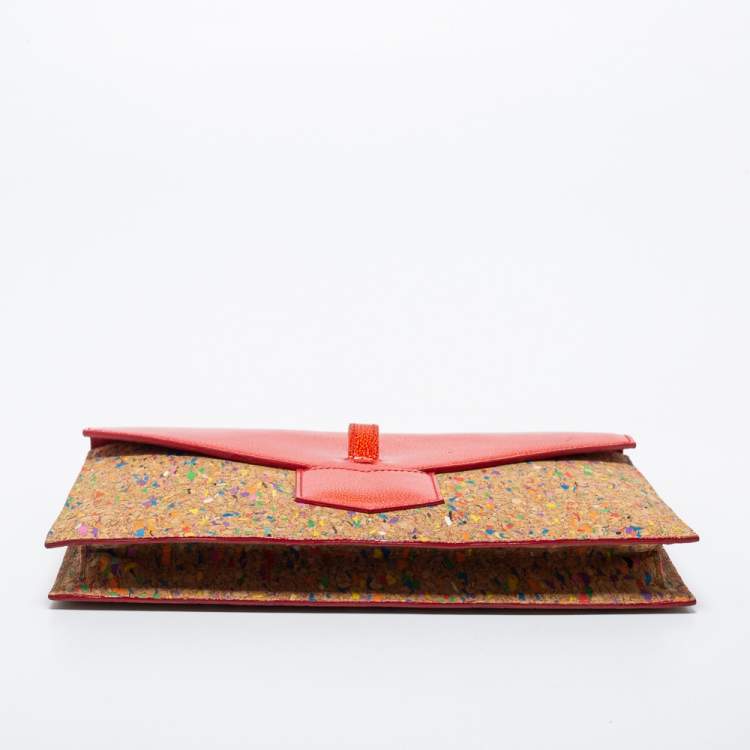 Pre Owned Saint Laurent Beige/Red Patent and Leather Clutch