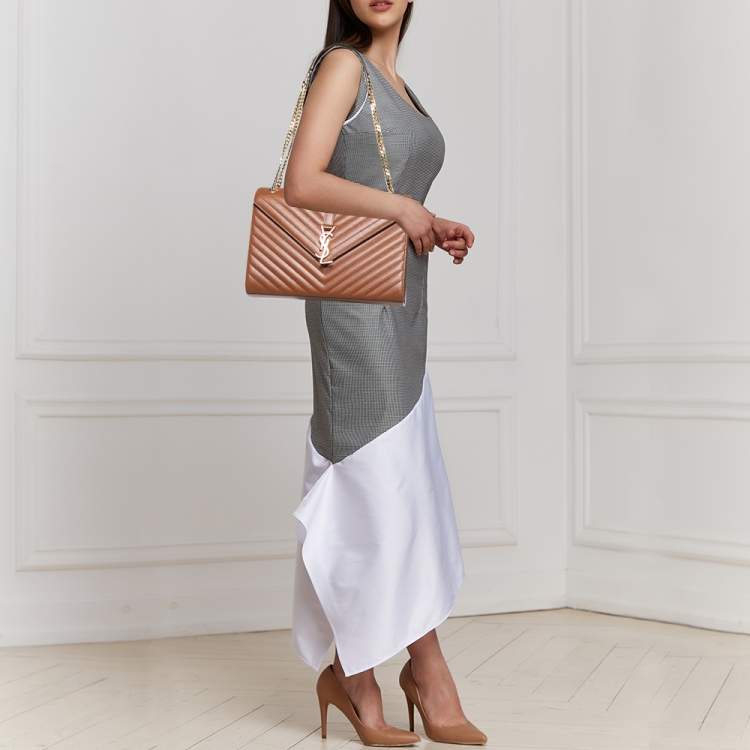 Pre Owned Saint Laurent Tan Matelassé Leather Large Monogram Envelope Shoulder Bag