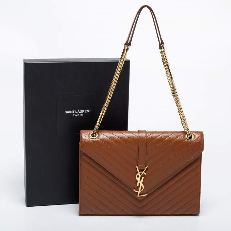 Pre Owned Saint Laurent Tan Matelassé Leather Large Monogram Envelope Shoulder Bag