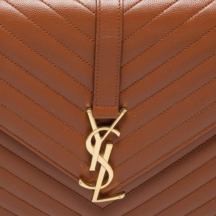 Pre Owned Saint Laurent Tan Matelassé Leather Large Monogram Envelope Shoulder Bag