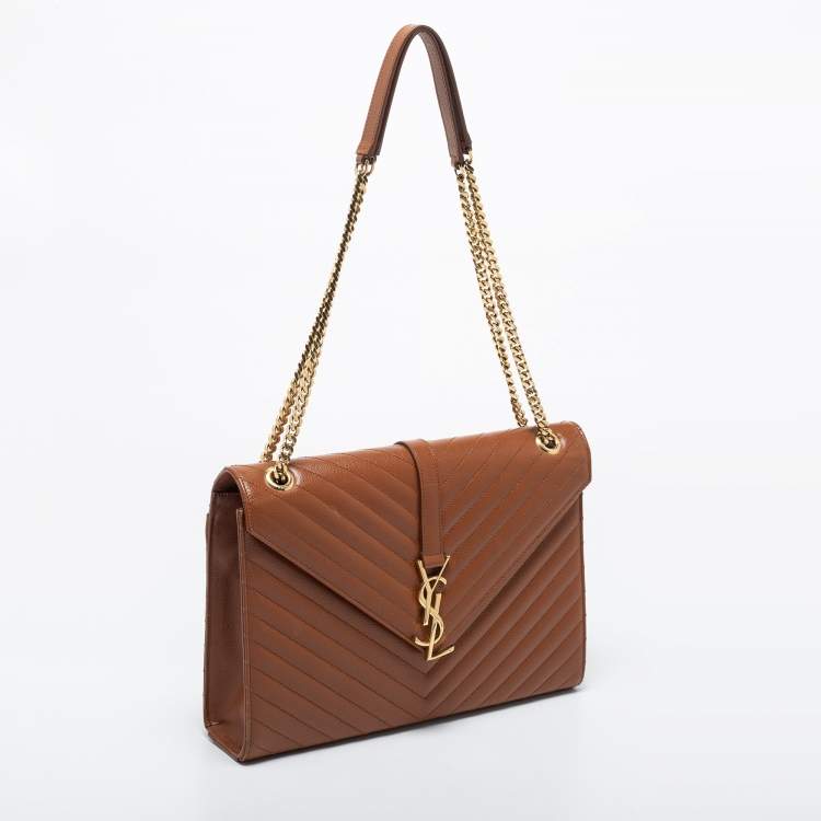 Pre Owned Saint Laurent Tan Matelassé Leather Large Monogram Envelope Shoulder Bag