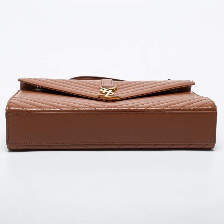Pre Owned Saint Laurent Tan Matelassé Leather Large Monogram Envelope Shoulder Bag