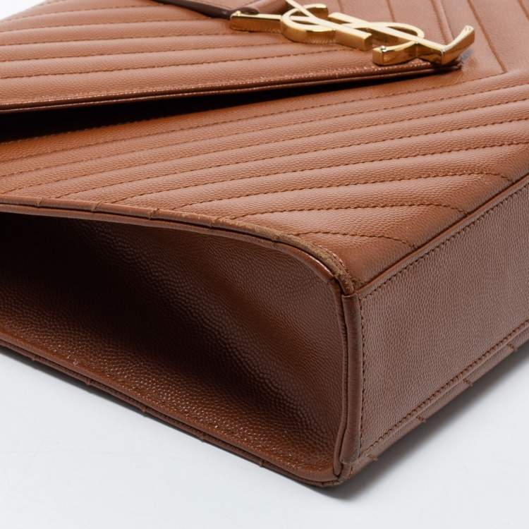 Pre Owned Saint Laurent Tan Matelassé Leather Large Monogram Envelope Shoulder Bag