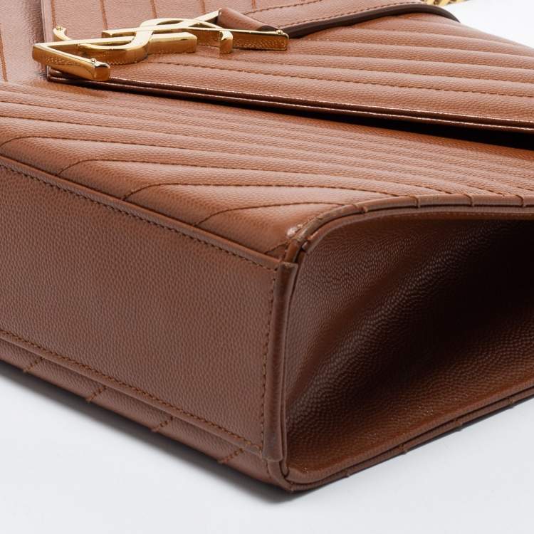 Pre Owned Saint Laurent Tan Matelassé Leather Large Monogram Envelope Shoulder Bag