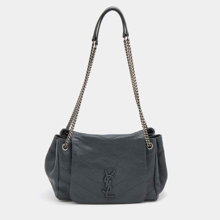 Pre Owned Saint Laurent Dark Grey Crinkled Leather Niki Shoulder Bag