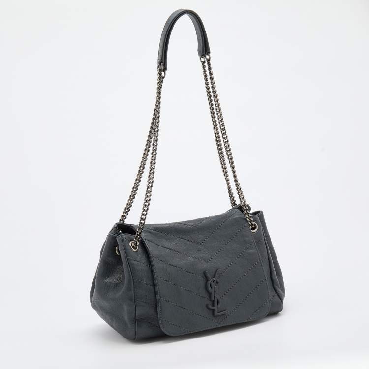 Pre Owned Saint Laurent Dark Grey Crinkled Leather Niki Shoulder Bag