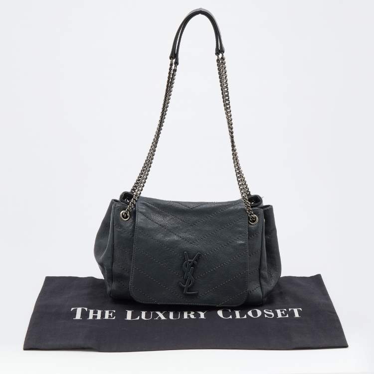 Pre Owned Saint Laurent Dark Grey Crinkled Leather Niki Shoulder Bag
