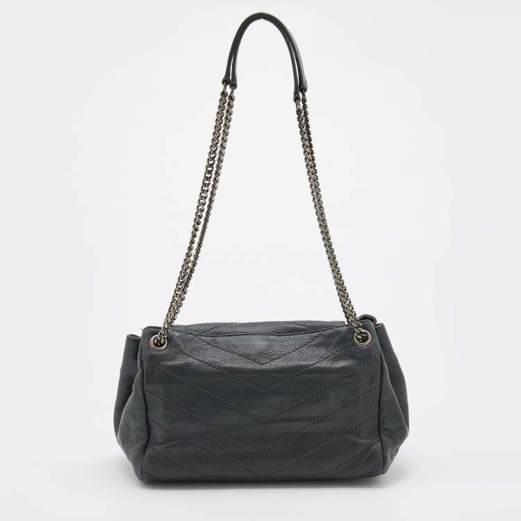Pre Owned Saint Laurent Dark Grey Crinkled Leather Niki Shoulder Bag
