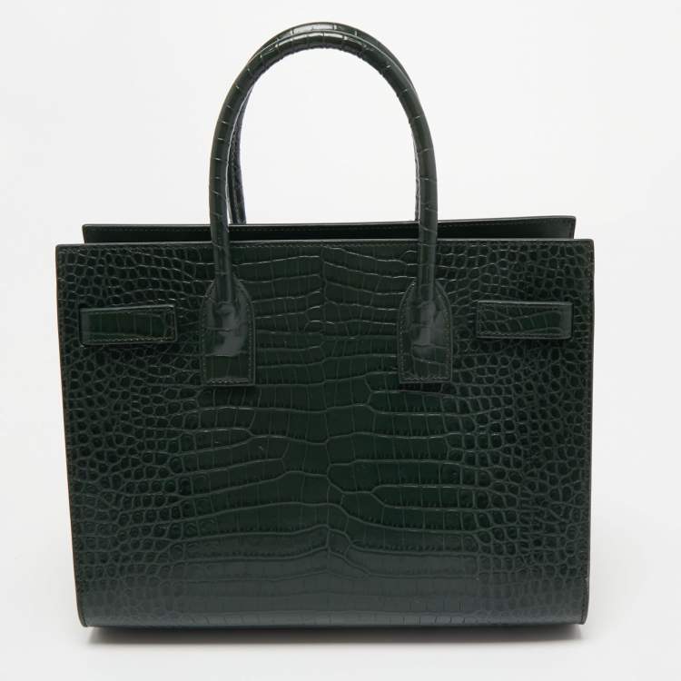 Pre Owned Saint Laurent Green Croc Embossed Leather Classic Sac De Jour Tote