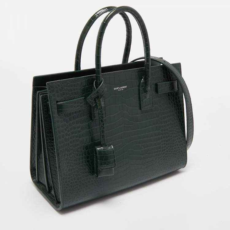 Pre Owned Saint Laurent Green Croc Embossed Leather Classic Sac De Jour Tote