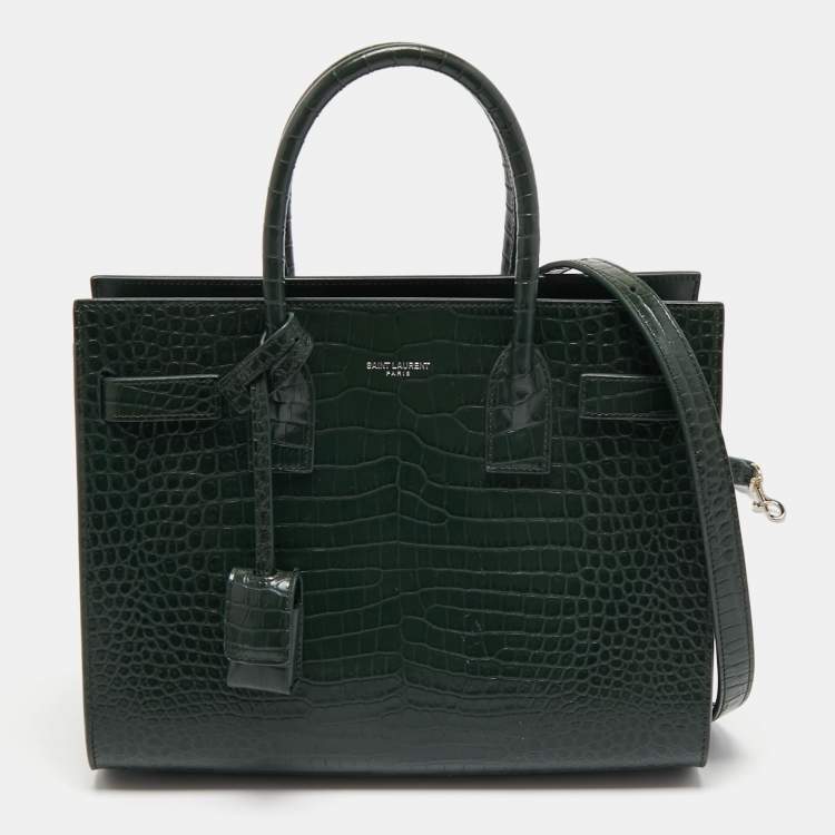 Pre Owned Saint Laurent Green Croc Embossed Leather Classic Sac De Jour Tote