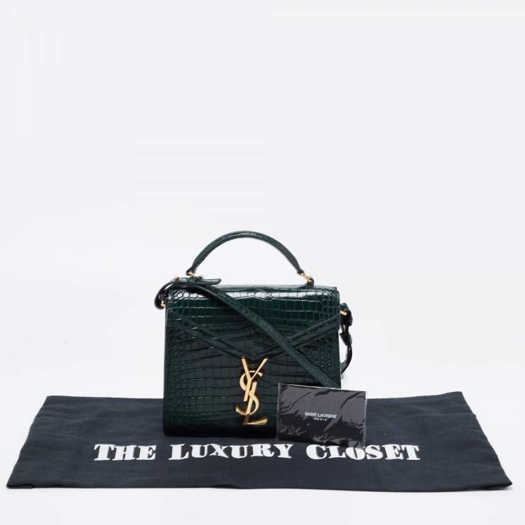Pre Owned Saint Laurent Green Croc Embossed Leather Cassandre Top Handle Bag