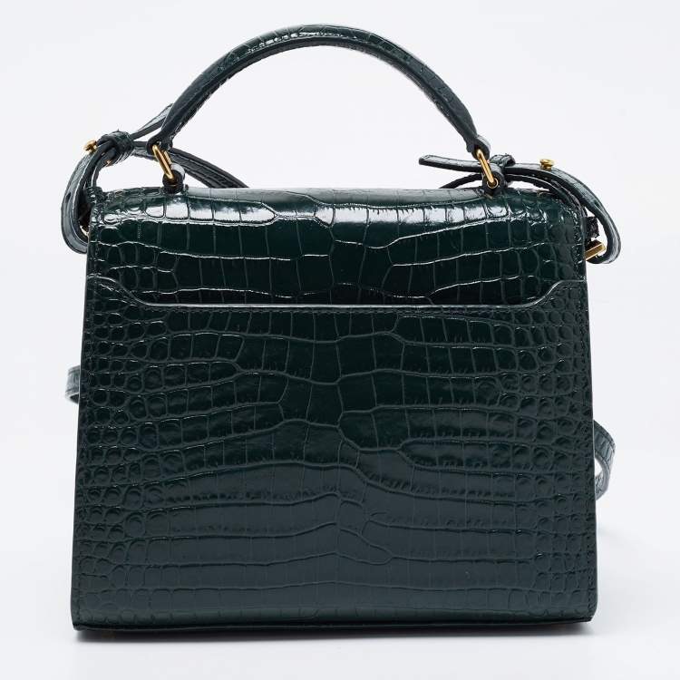 Pre Owned Saint Laurent Green Croc Embossed Leather Cassandre Top Handle Bag