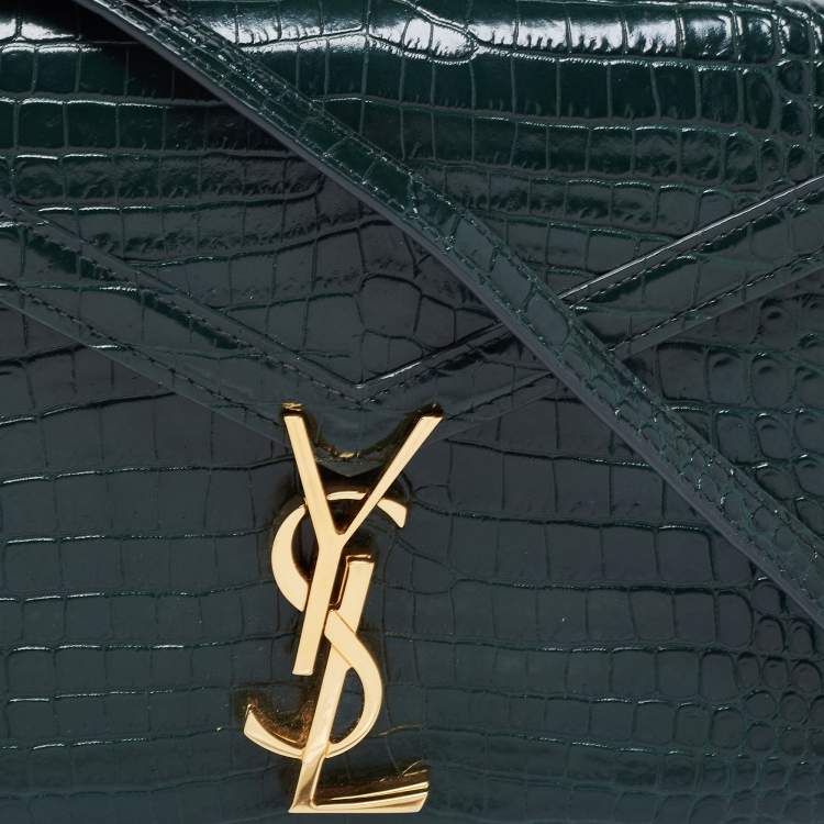 Pre Owned Saint Laurent Green Croc Embossed Leather Cassandre Top Handle Bag