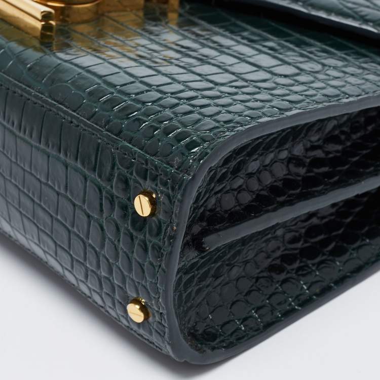 Pre Owned Saint Laurent Green Croc Embossed Leather Cassandre Top Handle Bag