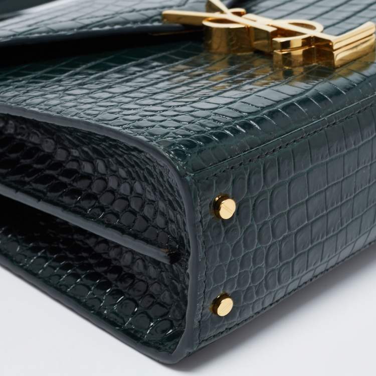 Pre Owned Saint Laurent Green Croc Embossed Leather Cassandre Top Handle Bag