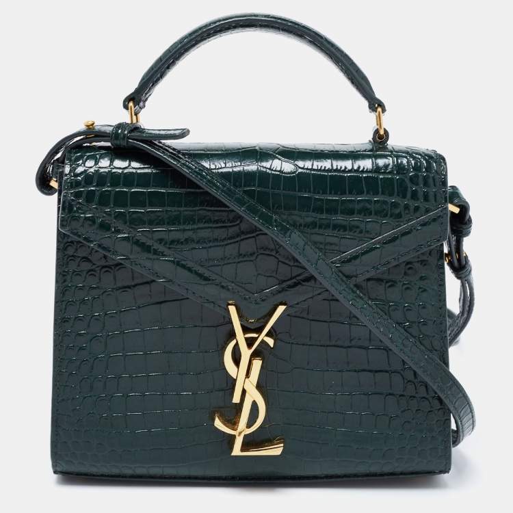 Pre Owned Saint Laurent Green Croc Embossed Leather Cassandre Top Handle Bag