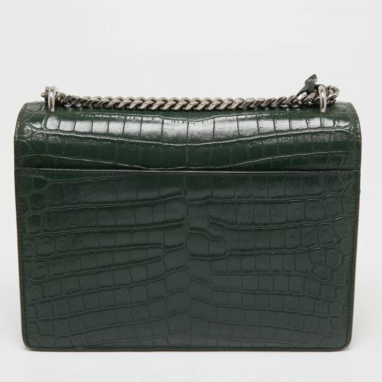 Pre Owned Saint Laurent Green Croc Embossed Leather Medium Sunset Shoulder Bag