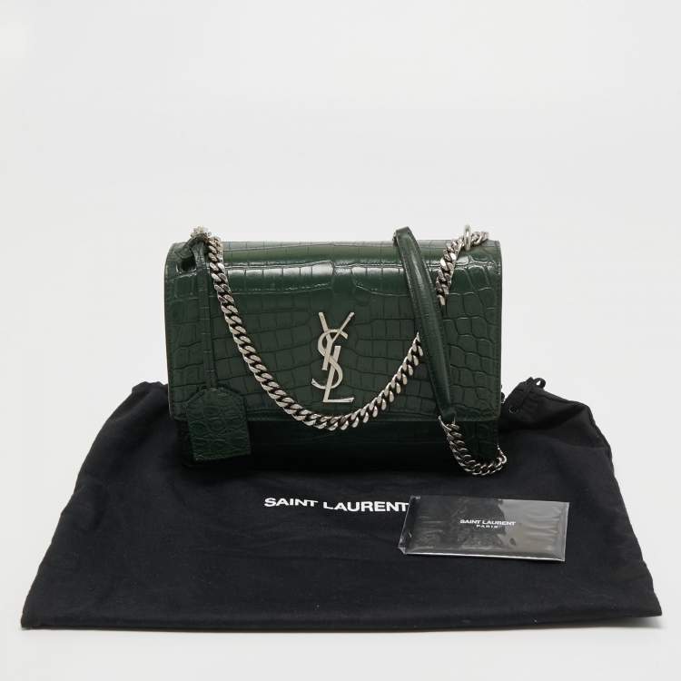 Pre Owned Saint Laurent Green Croc Embossed Leather Medium Sunset Shoulder Bag