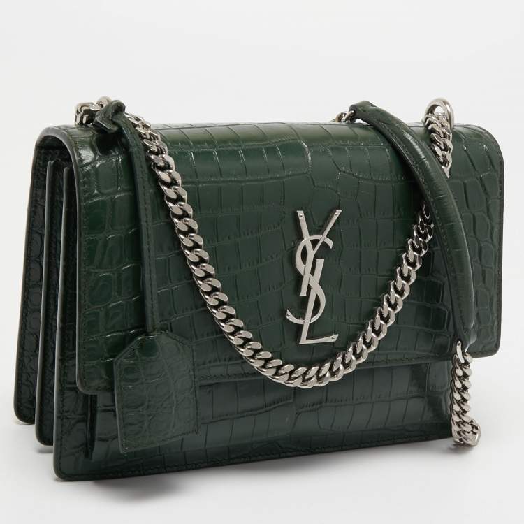 Pre Owned Saint Laurent Green Croc Embossed Leather Medium Sunset Shoulder Bag