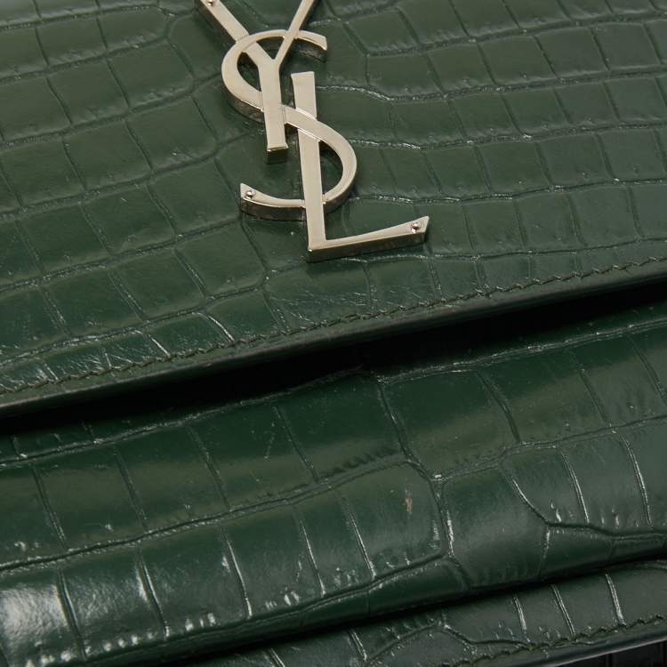 Pre Owned Saint Laurent Green Croc Embossed Leather Medium Sunset Shoulder Bag