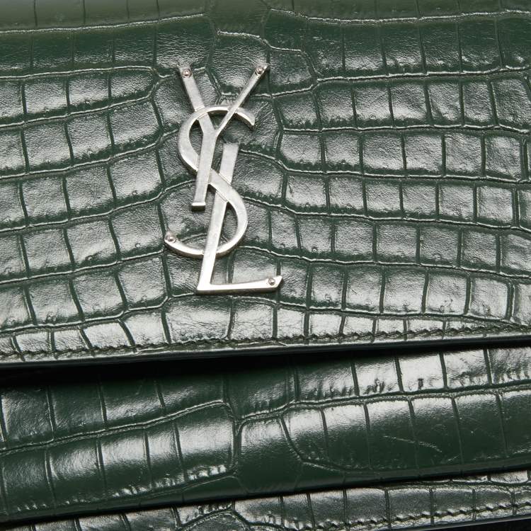 Pre Owned Saint Laurent Green Croc Embossed Leather Medium Sunset Shoulder Bag