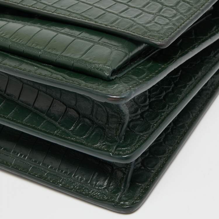 Pre Owned Saint Laurent Green Croc Embossed Leather Medium Sunset Shoulder Bag