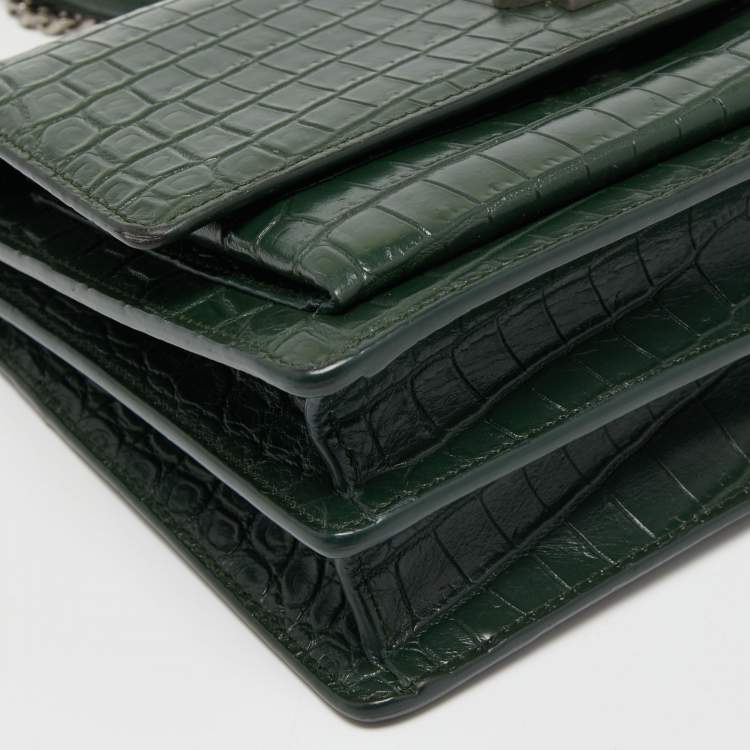 Pre Owned Saint Laurent Green Croc Embossed Leather Medium Sunset Shoulder Bag