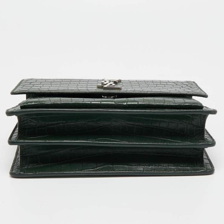 Pre Owned Saint Laurent Green Croc Embossed Leather Medium Sunset Shoulder Bag