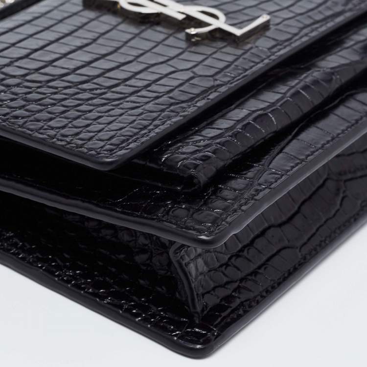Pre Owned Saint Laurent Black Croc Embossed Leather Small Sunset Shoulder Bag