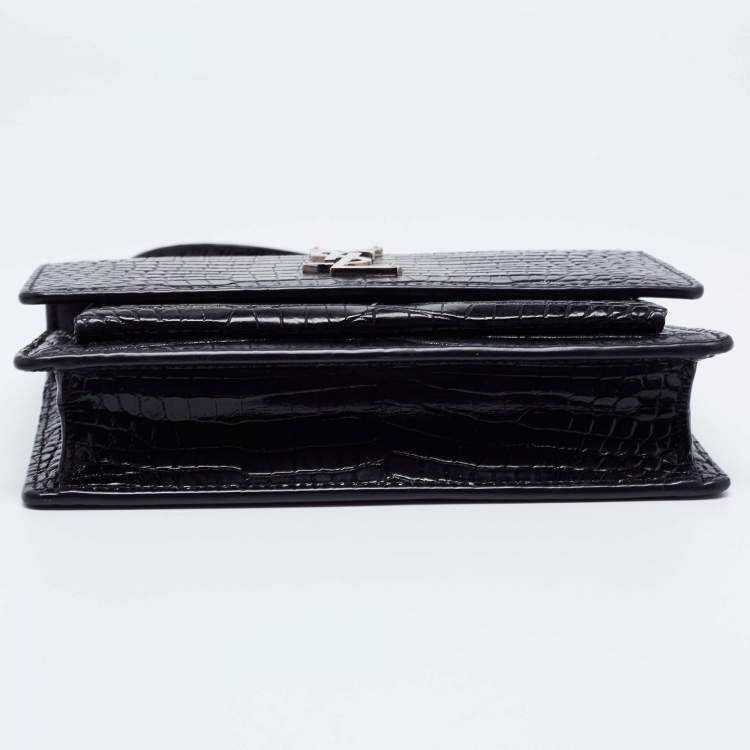 Pre Owned Saint Laurent Black Croc Embossed Leather Small Sunset Shoulder Bag