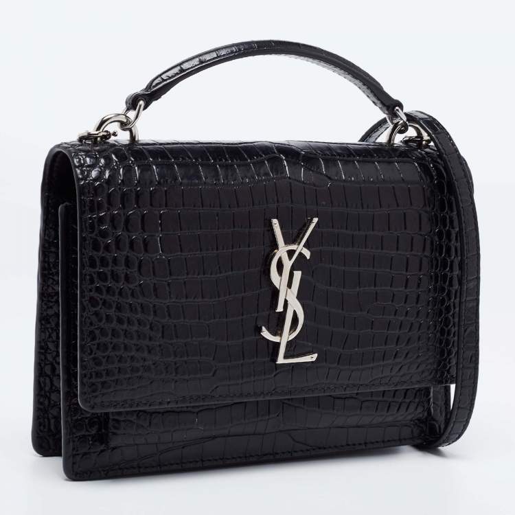 Pre Owned Saint Laurent Black Croc Embossed Leather Small Sunset Shoulder Bag
